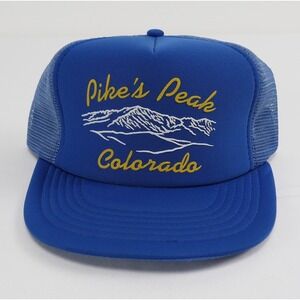 VTG 80s Pikes Peak Colorado Trucker Hat Blue Snapback Mesh Cap Designer Award